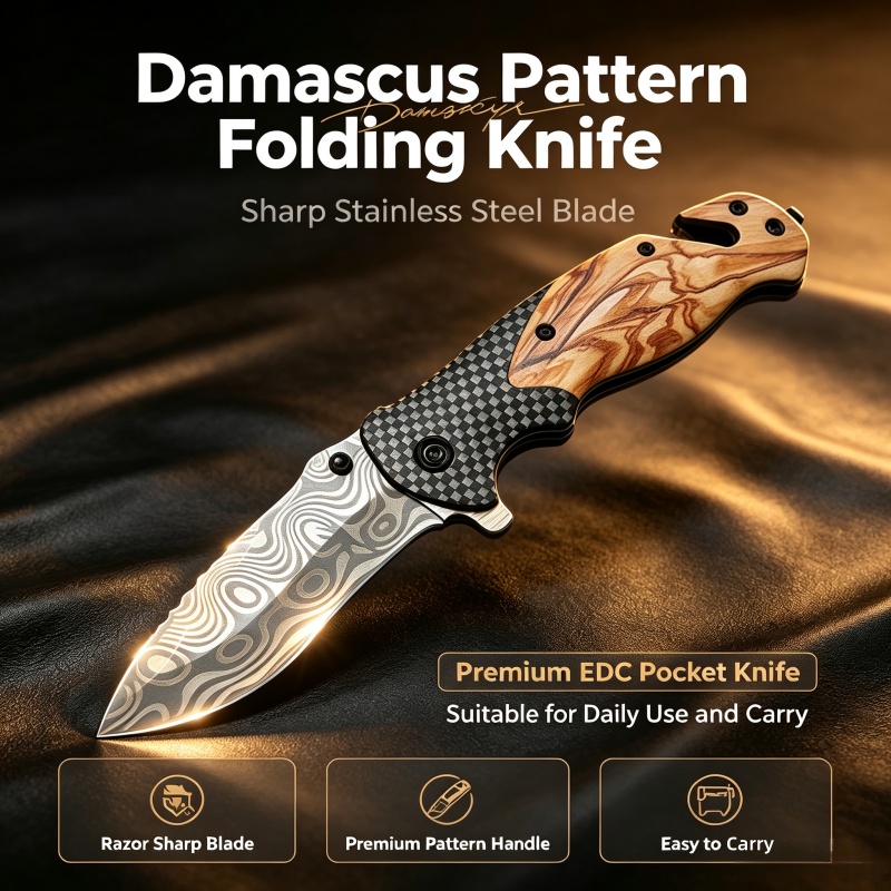 Damascus Pattern Folding Knife - огляд і ціна Edc Carry Pocket Knife